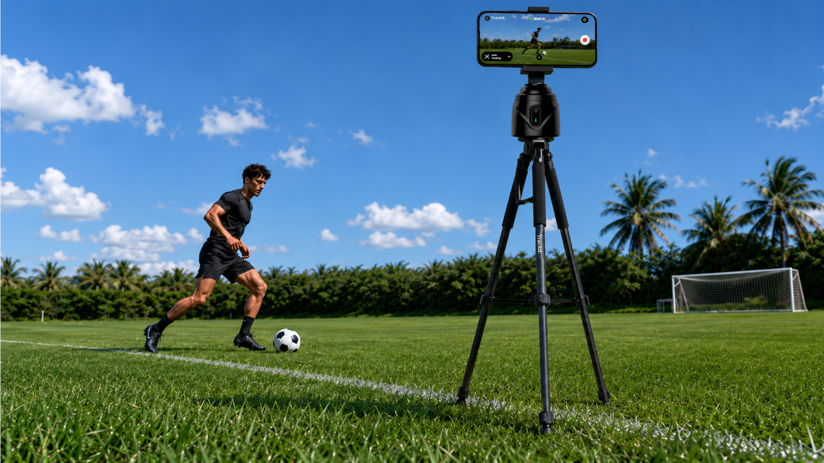 Trackd auto-tracking a footballer on a sunny field